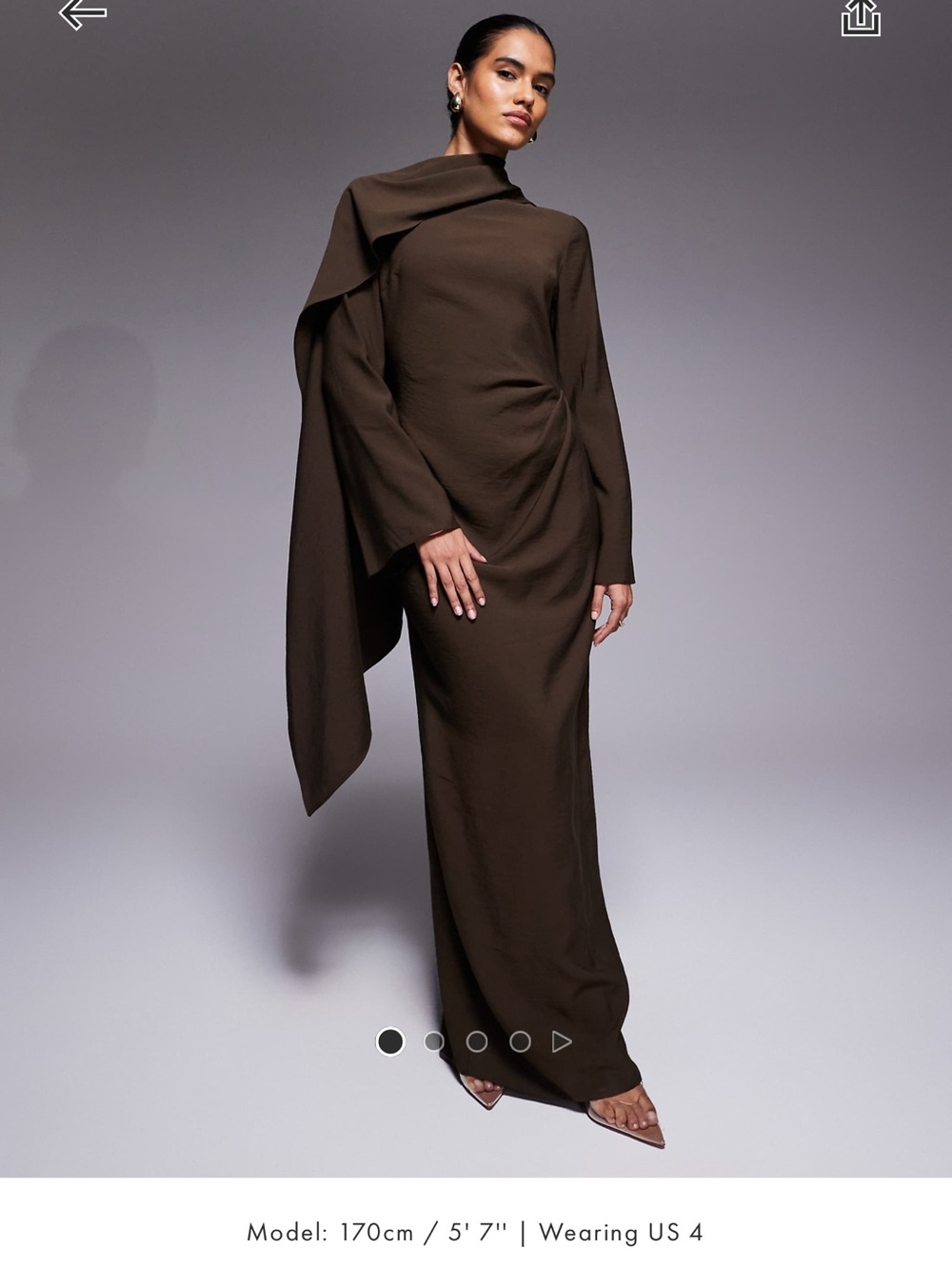 Elegant Chocolate Long Sleeve Scarf detail Maxi Dress